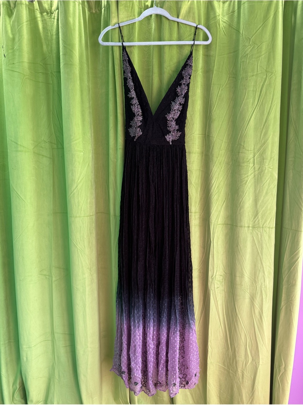 Free People Holiday Emebellished Maxi Gown Chiffon Backless Purple Black Ombré